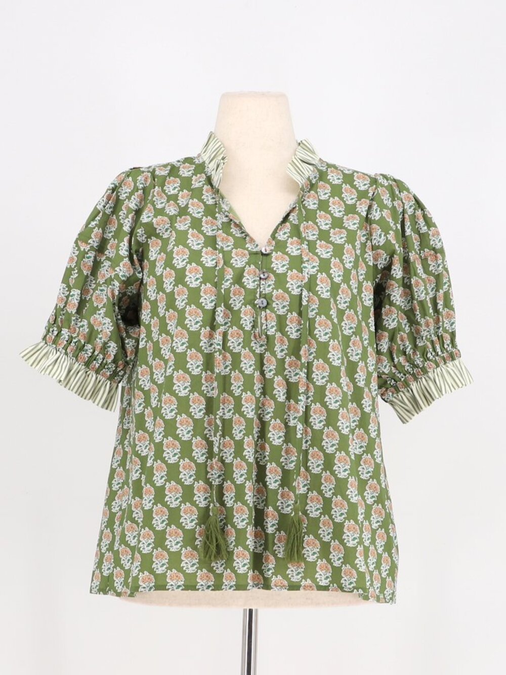 ENTRO Floral Short Sleeve Olive Green Blouse Top Size L